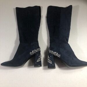 Whimsigoth 90s Knee High‎ Boots Size 8.5M Blue Faux Suede Dark Romantic Holiday